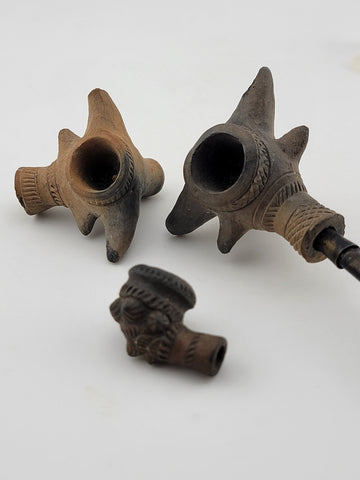 Rare Antique 19th C Bull Head Smoking Terracotta Clay Pipe W 2 Extra Pipes.