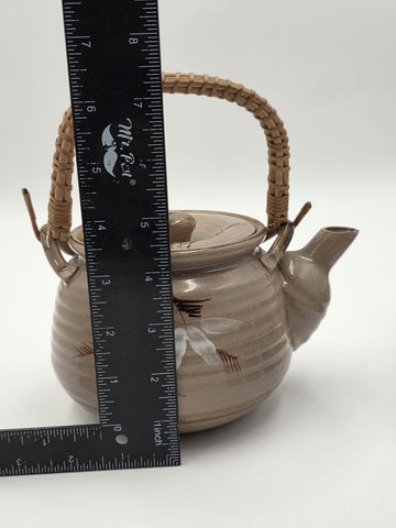 Vintage Japanese Ceramic Tea Set Bamboo Motif Teapot & 6 Cups Stoneware. VG Cond