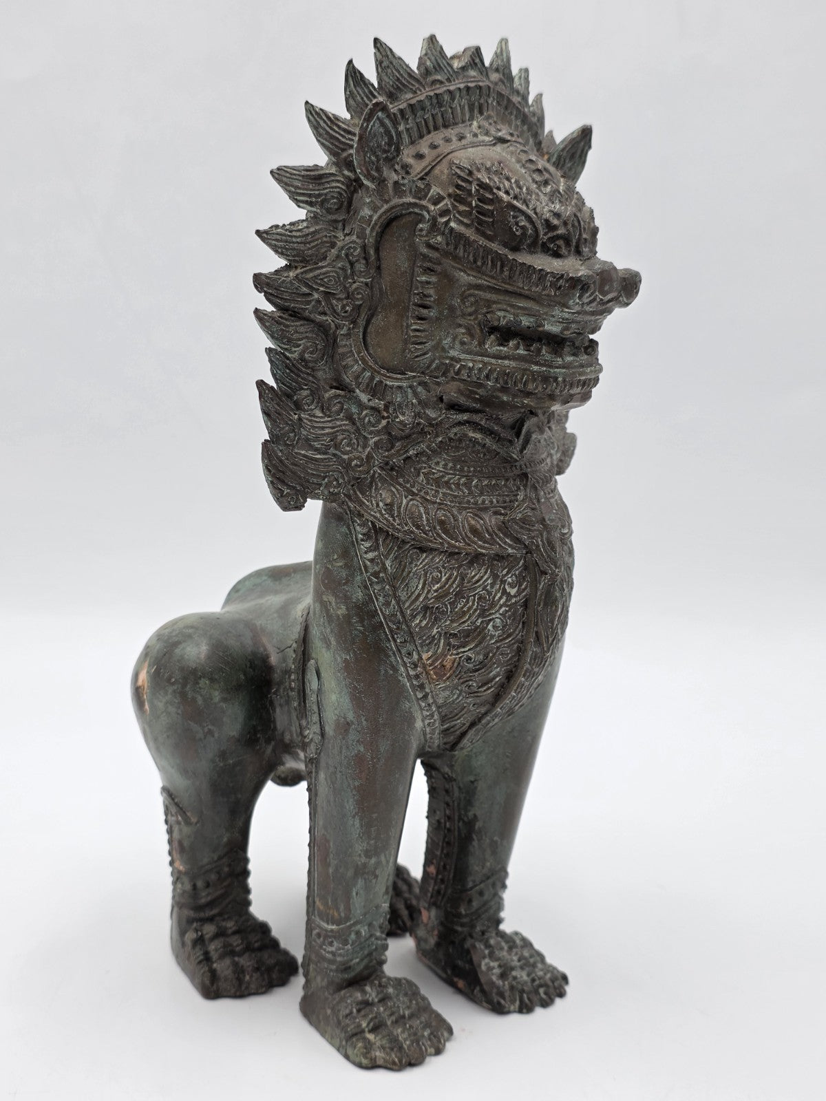 Rare Antique Thai Burmese Bronze Singha Temple Guardian Lion Statue 11" Tall.
