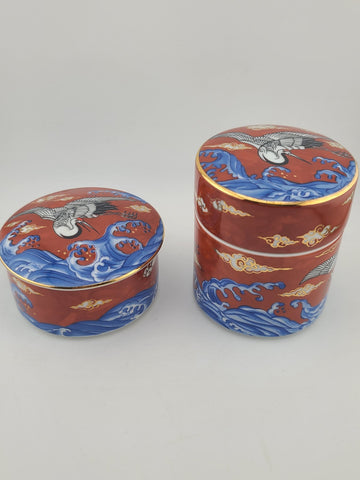 Set 4 Plates & 2 Lidded Jars Takahashi Japan Kutani Style Crane &Wave Porcelain