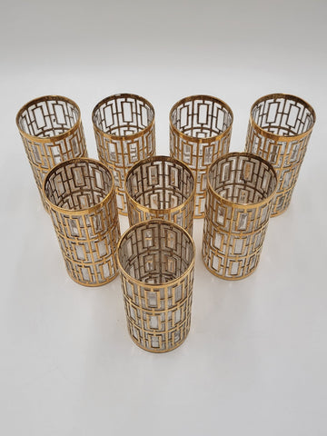 8 Vintage Mid Century Imperial Glass 22k Gold Shoji Trellis Highball Tumblers