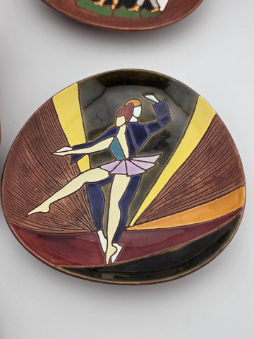 Vtg Keramos Hand Painted Art Pottery Bowl & Plates Lot 7 Mid Century Figurative