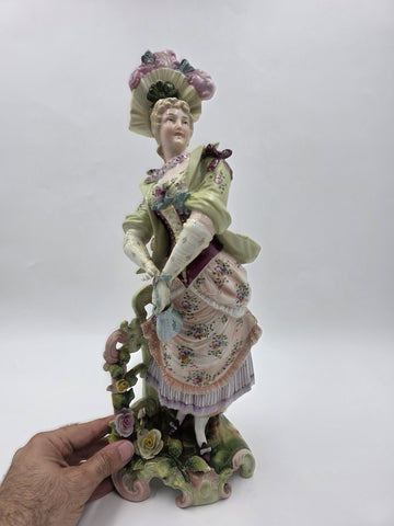 Antique 19th C German Dresden Style Porcelain Lady Figurine Bocage 16” Figure.