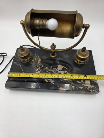 1920 Art Deco Brass Barrel Desk Lamp on Portoro Marble Base Dual Brass Inkwells