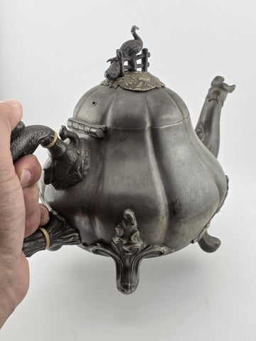 Rare Shaw & Fischer Sheffield Pewter Teapot Hinged Lid Snake Holding Fish Handle