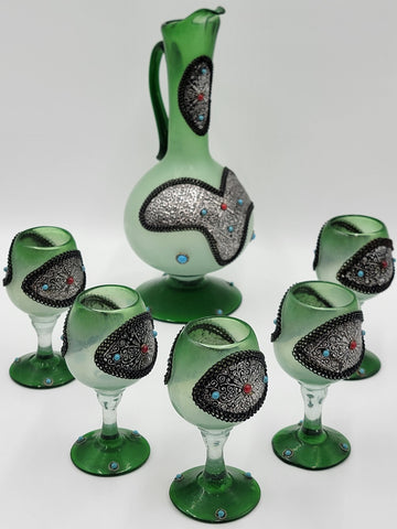 Gorgeous Vintage One Of A Kind Green Emerald Highly Ornate Pitcher & 5 Glasses
