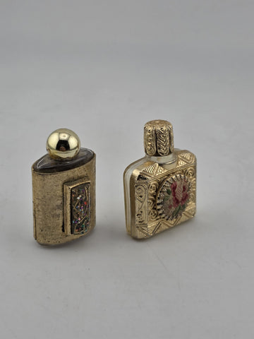 Rare Antique 1950's Mini Perfume Bottles Floral Needlepoint & Gold Tone MCM Lot