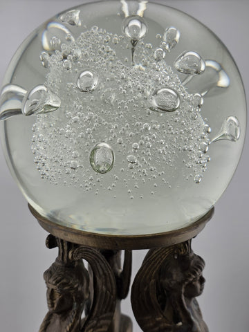 Antique Empire Revival Bronze Sphinx Jardiniere Stand on Marble Base W Glass Orb