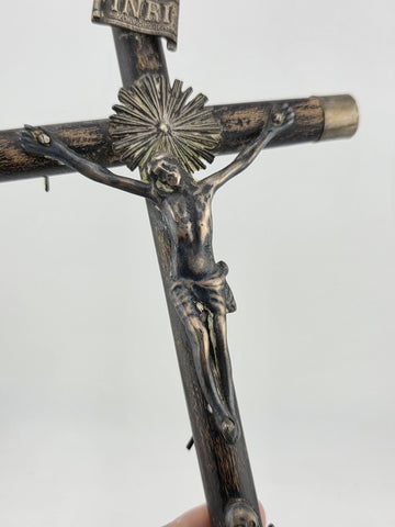 Antique 19th C Crucifix Metal Jesus On Wood Cross W Rare Tips Memento Mori Skull
