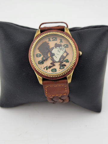 Rare Collectible Taz Wooden Dial Bezel Braided Leather Fossil Watch. Serviced.