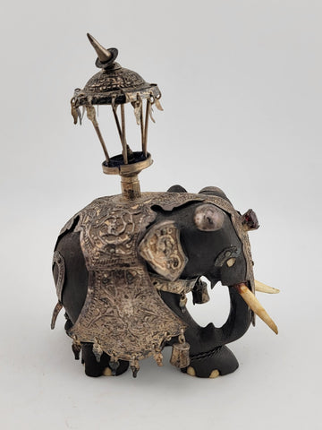 Rare Antique Indian Ebony Silver Overlay Jeweled Elephant W Real Ruby Stone.