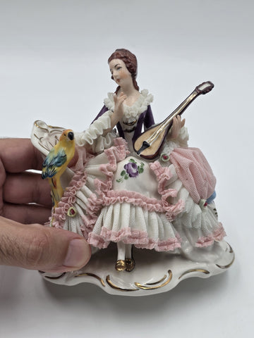 Vintage Dresden Art Germany Lace Porcelain Lady Musician Figurine Bird Bench