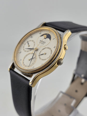 Vtg Seiko Chronograph Moon Phase White Dial Watch – 7F39-6029. Japan 1989 Works