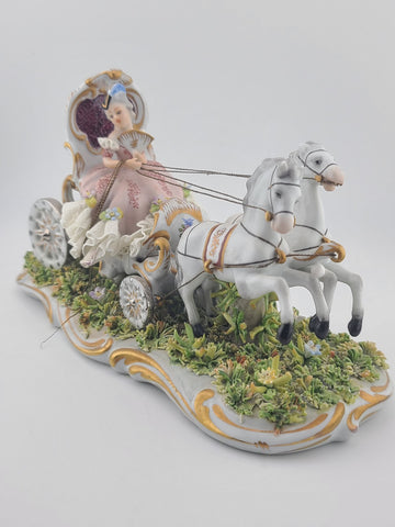 Rare Antique Capodimonte Italian Porcelain Lady Horse Carriage Lace Figurine
