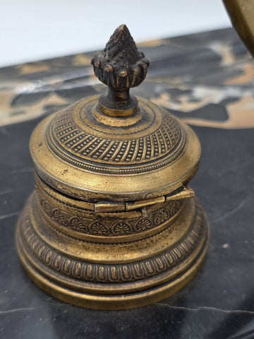1920 Art Deco Brass Barrel Desk Lamp on Portoro Marble Base Dual Brass Inkwells