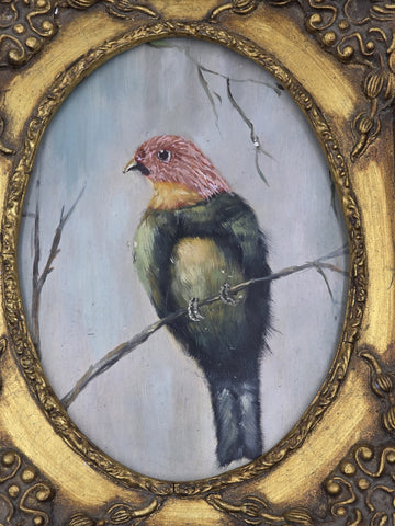 Antique Gilt Baroque Style Wood Framed Bird Painting On Wooden Oval Panel Decor.