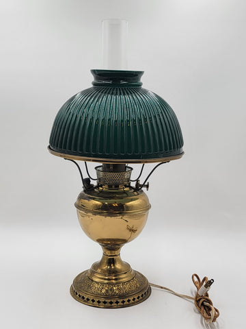 Antique Converted Holmes Booth & Haydens Brass Oil Lamp Ribbed Cased Green Shade