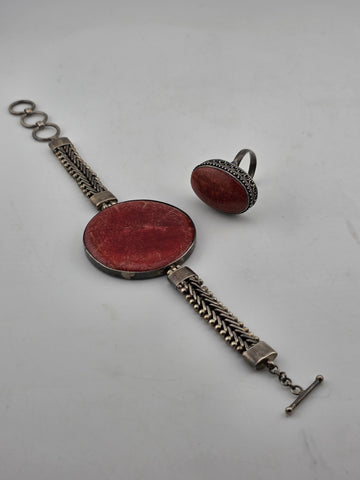 ANTIQUE 1940'S STERLING SILVER NATURAL RED CORAL BRACELET & RING SET HANDCRAFTED