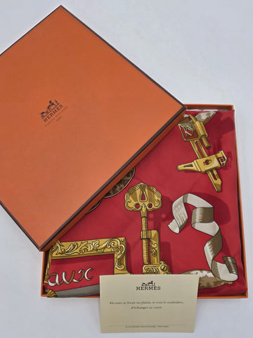 Vintage Authentic HERMES Paris 90 cm “Copeaux” Red Gold 100% Silk Scarf W Box.