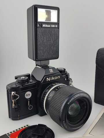 Nikon EM Film Camera + Series E Zoom 36-72mm F/3.5 Lens + Speedlight SB-E Flash