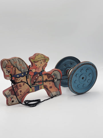 1940'S PULL TOY COWBOY ON HORSE Wood Metal Wheels Gong Bell Mfg.Co.
