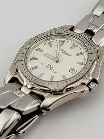PULSAR Men's Silver Tone Stainless Steel White Dial Quartz WATCH V372-0240 Works