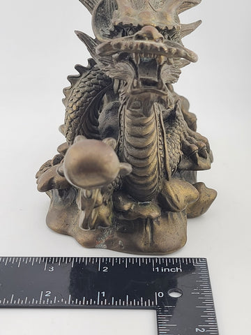 Antique Japan Solid Bronze 8.5" Intricate & Detailed Coiled Dragon w Pearl
