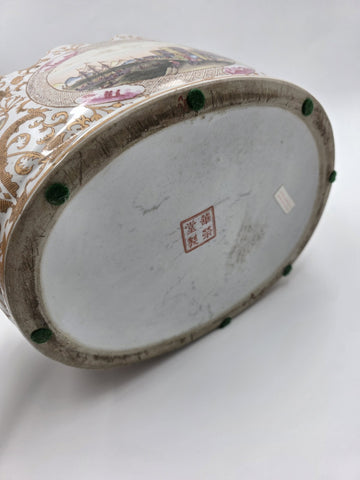 Chinese Export Porcelain Jardiniere C 1920 European Harbor Scene Gilt Cachepot