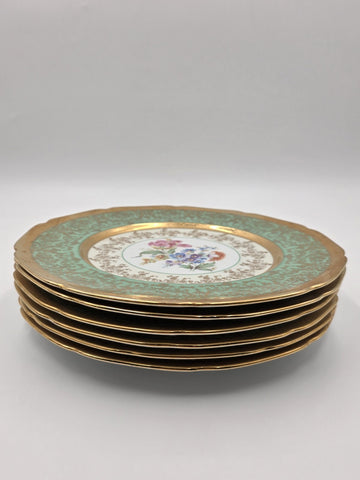 Set Of 6 Vintage Le mieux China 24K Gold Trim Mint Green Floral Cabinet Plates