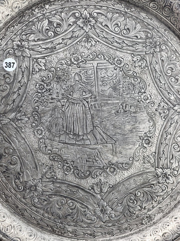 Antique 19C Silver Plate Derby Silver Repousse Plate Dutch Scenes W Engraved Cup
