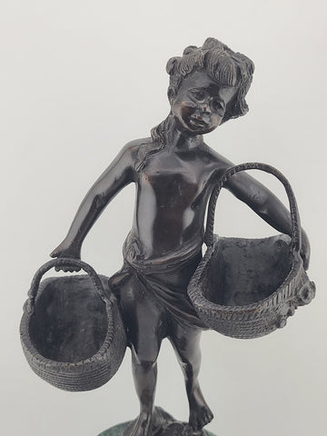 Antique Suzanne Bizard 1873 - 1963 Bronze Sculpture - Girl with Baskets 11 1/2"