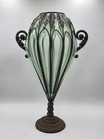Rare Antique 19th C Murano Green Caged Blown Glass Urn Vase Centerpiece. 23 In