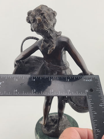 Antique Suzanne Bizard 1873 - 1963 Bronze Sculpture - Girl with Baskets 11 1/2"