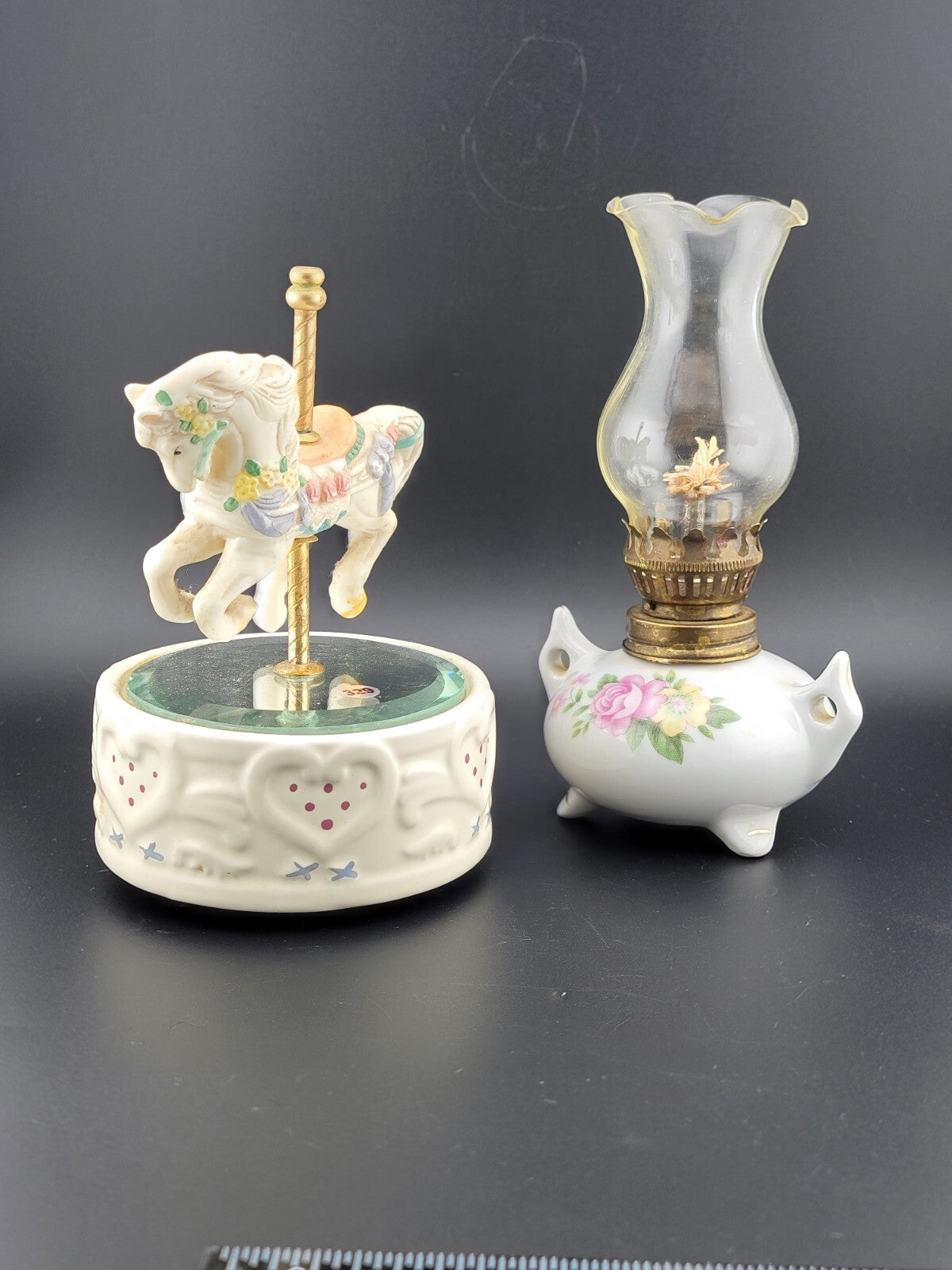 Set Of 2 Miniature Home Decor Items.  Music Box And Oil Lamp