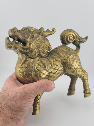 Chinese Brass Kirin Head Deer Feet Statue Incense Burner 6.5x2.25x6.5" Antique