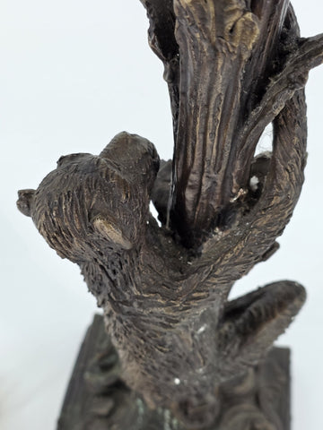 Antique Bronze Table Lamp with Palm Tree & Monkey, Beige Silk & Pleated Shade,