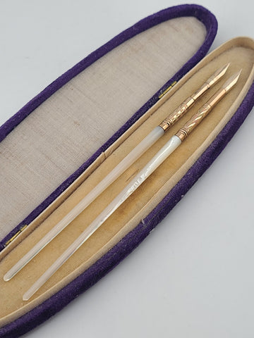 Antique 1890's Victorian Mother of Pearl Dip Pen Set 10K Solid Gold  Nibs W Case