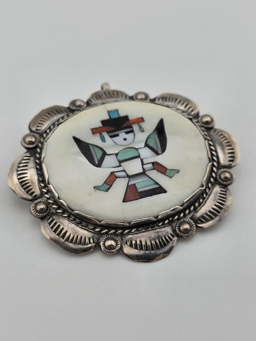 Vtg Zuni Native Kachina Turquoise Coral Inlay Sterling Silver Pin Brooch Pendant