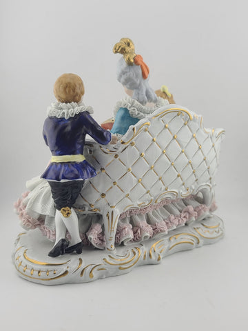 Antique 19th C Dresden Lace 3 Figure Sofa Group Porcelain Figurine U&S Germany