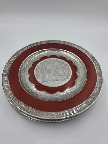Set of 3 Antique Czech Silver Inlaid Red Enamel Fairy Plates c.1910 Art Nouveau