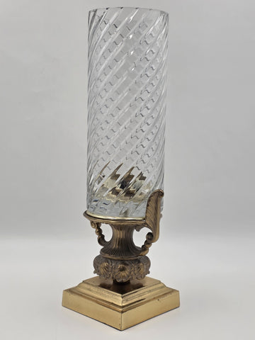 Antique 17" Crystal Hurricane Vase Lamp Base Brass Urn Hollywood Regency Decor