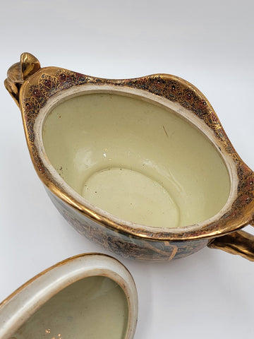 Vintage Satsuma Hand Painted Gold Gilded Bowl Urn Compote W Lid Fritz. Extra Lid
