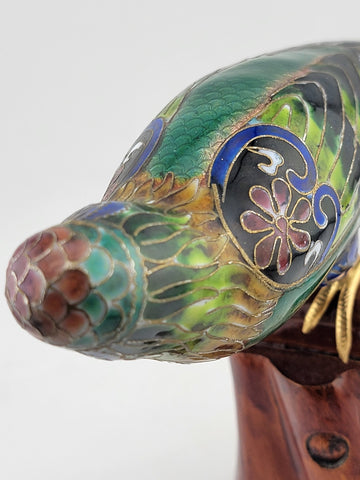 RARE BEAUTIFULLY COLORED CLOISONNE BIRD (PARAKEET) W WOODEN STAND. 7 Inch Wide.