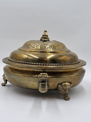 Antique Chinese Brass Dragon Handle Lidded Tureen Qing Hot Pot with Foo Dog Lid