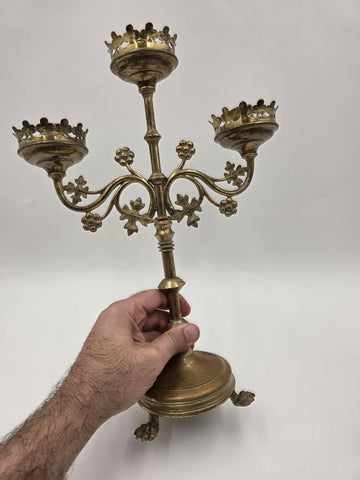 Pair Of Exquisite 19th C Gothic Revival Brass Candelabra W Three Candle Sockets