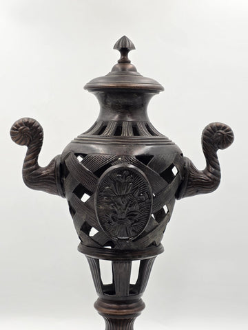 Antique Heavy Bronze Neoclassical Urn Ram Head Handles Pierced Vase Empire Style