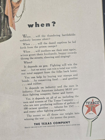 Vintage 1943 WWII Anti-Axis of Evil Propaganda Texaco Oil, Gasoline Ad - When?