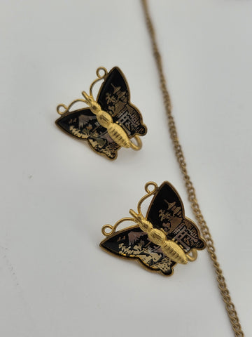 Rare 1940s Japanese 24K Gold Plated Damascene Butterfly Necklace Bracelet Set