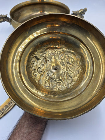 Antique Chinese Brass Dragon Handle Lidded Tureen Qing Hot Pot with Foo Dog Lid