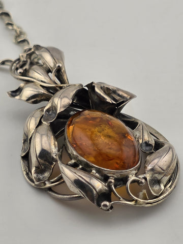 Antique Heavy Mid Century 925 Sterling Silver & Baltic Amber Pendant& Necklace.